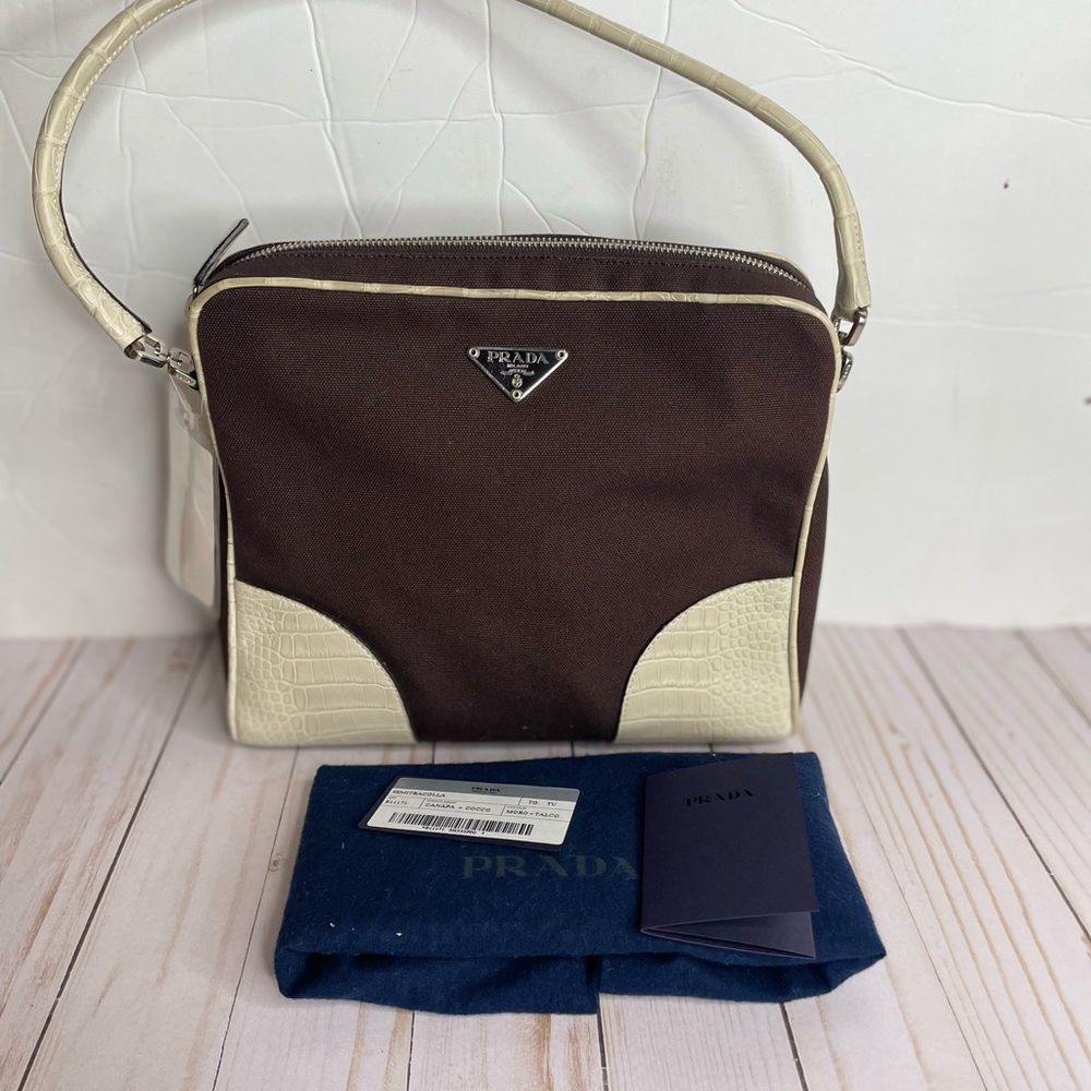 Auth NWT Prada Hobo Bag Leather and Canvas Shoulder bag